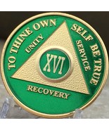 16 Year AA Medallion Green Gold Plated Alcoholics Anonymous Sobriety Chi... - $20.39