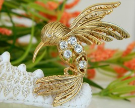 Vintage hummingbird pin brooch rhinestones figural gold tone thumb200