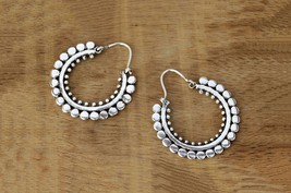 Tribal Indian Earrings, Silver Ornate Hoops, Gypsy Creole Earrings, Ethnic Jewel - £14.16 GBP