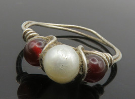 925 Silver - Vintage Pearl &amp; Red Topaz Modernist Band Ring Sz 6.5 - RG13667 - £26.58 GBP