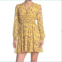 Max Studio Floral Mini Dress Yellow Size S Chiffon Long Sleeve Ruffles V-Neck  - £23.34 GBP