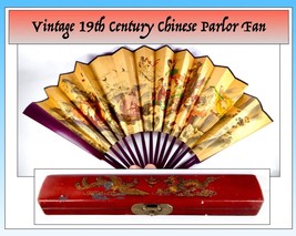 Chinese Parlor Fan Quing Dynasty, Silk &amp; Mahogany,  Lacquered/Lined  Dragon Case - £57.53 GBP