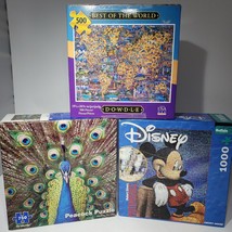 Lot of 3 Difficult Jigsaw Puzzles Disney Mickey Mosaic Peacock Dowdle Best World - £15.14 GBP