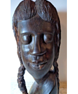 African Tribal Woman Bust Hand Carved Braids Wood Sculpture 14” Signed S... - $230.57 CAD