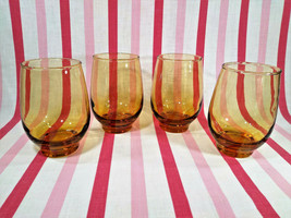 Groovy MoD 1960&#39;s Libbey Tempo 4pc Golden Amber Roly Poly Stemless Glassware Set - £21.97 GBP