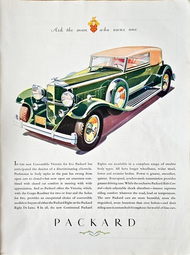 PACKARD - 1931 Vintage Print Ad - Green Convertible &quot;ASK THE MAN WHO OWN... - $16.40
