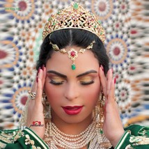Morocco Women Hairwear Red Green Rhinestone Bridesmaid Jewelry Gold Plat... - $49.99