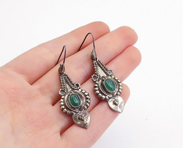 925 Sterling Silver - Vintage Green Carnelian Love Heart Drop Earrings- EG2071 - $34.45