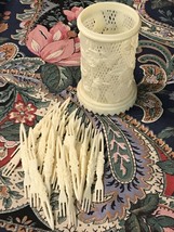 Bakelite Ornate Toothpick / Small Fork Holder Ivory F, Floral,Plastic , W/ Forks - $7.69