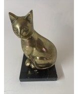 Seated Cat Brass Sculpture Vintage Mid-Centuryon Polished Marble Base 6.5” - $62.87 CAD