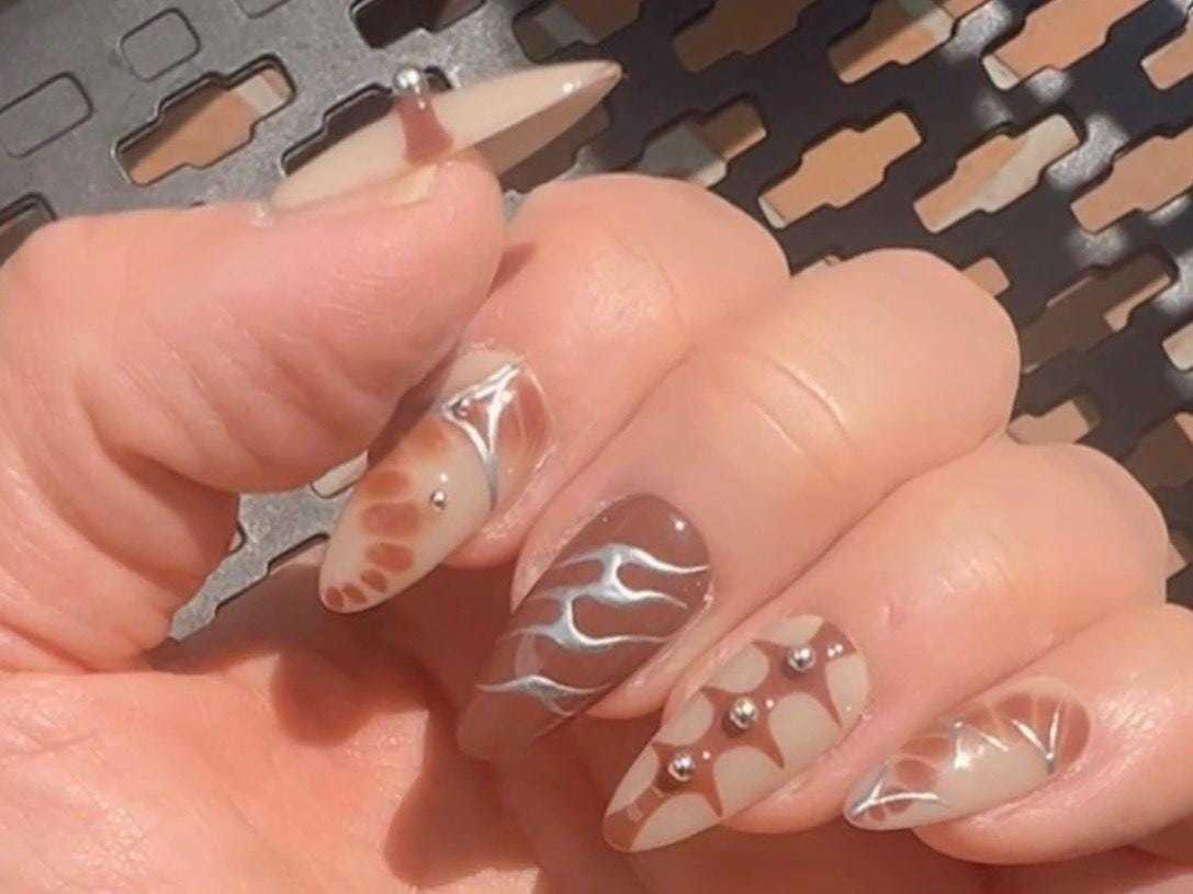 Mocha Chrome Flame Nails – Abstract Brown Press On Set with Silver Accen... - $22.99
