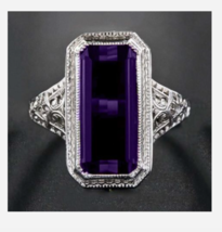 SILVER PURPLE RECTANGLE GEMSTONE VINTAGE LOOK RING SIZE 6 7 8 9 10 - £31.85 GBP