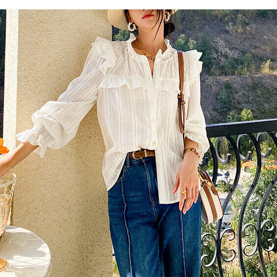Women's Retro High Neck Long Sleeve Ruffle 100% Pure Cotton Blouse in White AUS