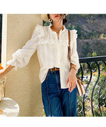 Women&#39;s Retro High Neck Long Sleeve Ruffle 100% Pure Cotton Blouse in Wh... - $75.17 CAD