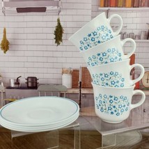 Corelle Blue Heather 4 Sets Coffee Mugs Cups Saucers Corning Corningware Vintage - £15.80 GBP