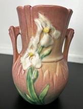 Vintage Roseville Pottery Iris Vase Coral Pink Green Floral Double Handle - $120.89