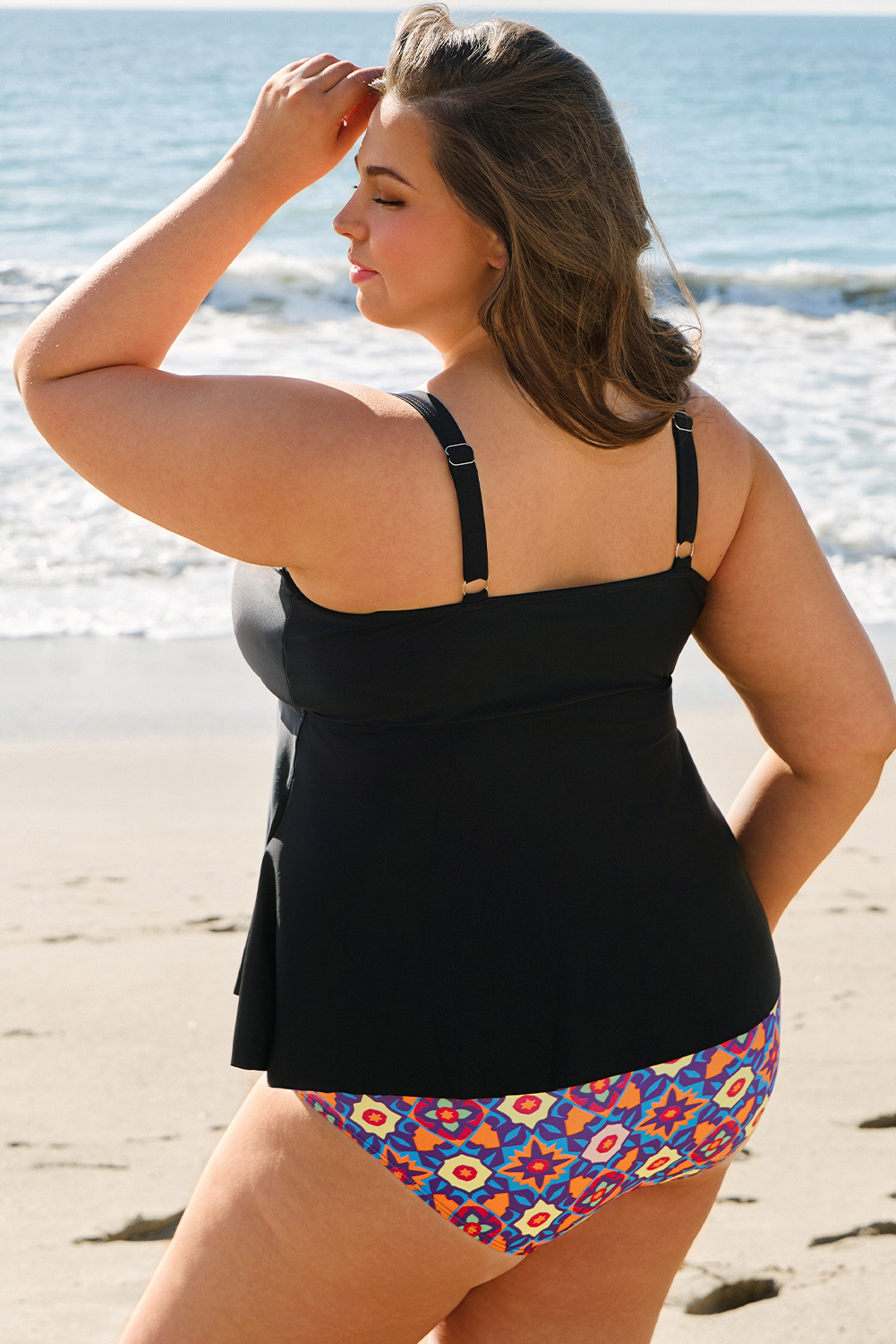 Black Drawstring Tied Front Flared Top Geometric Print Bottom Plus Size Tankinis Item image 2