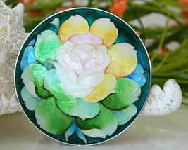 Enamel pink rose brooch pin pendant round hand painted thumb200