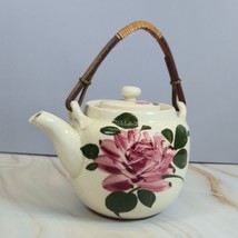 Vintage Japanese Pink Floral Teapot Hand-Painted Bamboo Handle, Signed C... - $36.77