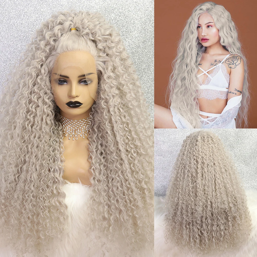 Drag Queen Synthetic Transparent Lace Front Wig Grey Lace Wig Hot Pink Afro - £66.65 GBP+