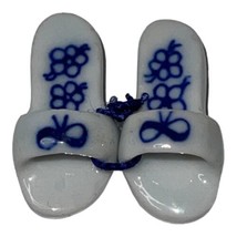 Miniature Pair Ceramic Shoes Tiny Sandals Slippers White w/ Blue Bows &amp; Flowers - £10.47 GBP