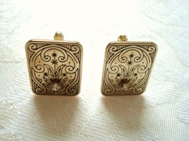 Vintage Gold-tone Cuff Links ~ Etched Design ~ Clear Rhinest - $7.00