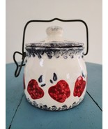 Vintage Red Apple, Blue &amp; White Ceramic Stoneware Jar W/ Metal Bail Top - €14,36 EUR