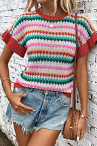 Fiery Red Trimmed Ruffle Sleeve Colorful Textured Sweater - $261.52 MXN
