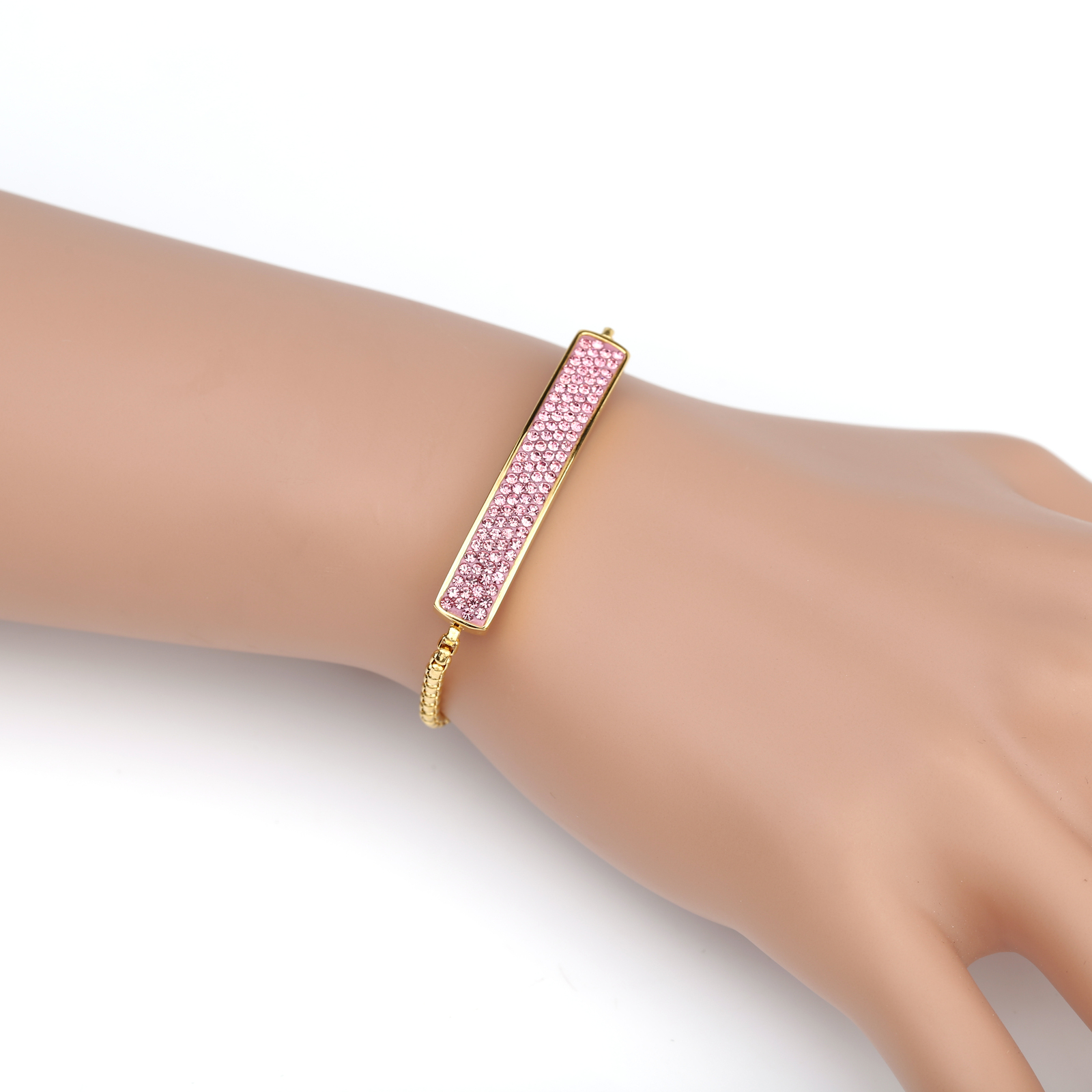 Gold Tone Bolo Bar Bracelet With Pink Sparkling Style Crystals