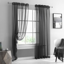 Keqiaosuocai Set Of 2 Solid Black Voile Window Drapes With Rod, Black Cutains. - £31.92 GBP