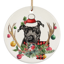 Cute Black Pitbull Dog With Antlers Reindeer Flower Xmas Circle Ornament Gift - £13.41 GBP