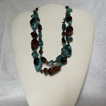 Blue Brown Glass Beaded Statement Double Strand  Layered Necklace - £14.61 GBP
