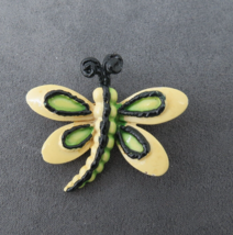 Vintage BSK Enamel Butterfly Brooch Yellow Green Black Antenna 1.75&quot; High Spring - £7.90 GBP