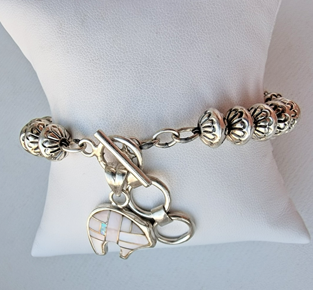 VINTAGE SILVER FLOWER STAMPED ''NAVAJO PEARLS''  BEAD BRACELET 32.6 g  8" Item image 5