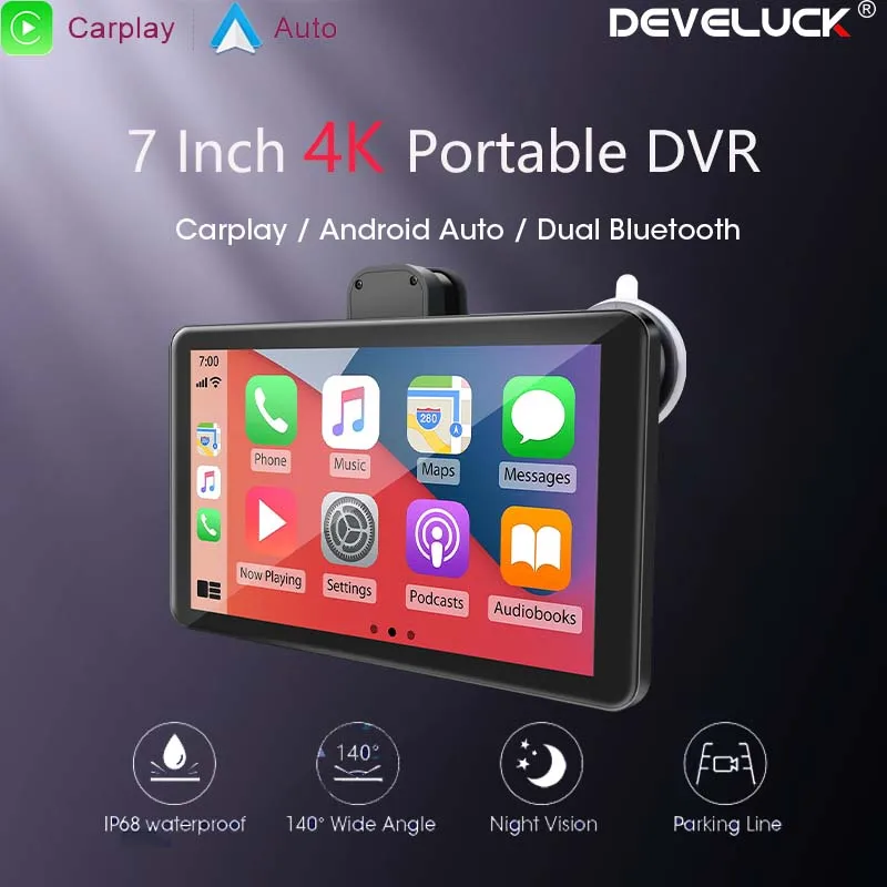 7 Inch Universal Portable Car DVR  Wireless Carplay&amp;Android Auto 4K Front - £93.08 GBP+