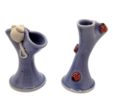 Vintage Pinched Bud Vase Pottery Set Mouse Lady Bugs Blue SIGNED Ladybug... - £23.65 GBP