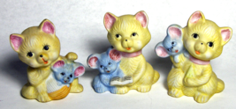 3 Yellow Kittens Vintage Porcelain Holding Little Blue Mice 3&quot; Tall from... - $12.59