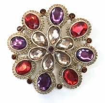Colorful Purple Red White Rhinestone Brooch Silver Tone Flower Pin - £10.42 GBP