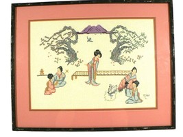 Japanese Geisha Garden Scene Vintage Cross Stitch Matted Framed Signed  Art - £58.42 GBP