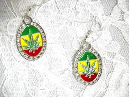 New Silver Tone &amp; Green Yellow Red Rasta Pot Leaf Reggae Music Color Earrings - £5.18 GBP