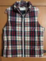 Lands End Goose Down Puffer Vest Mens L Red Blue Plaid Full Zip Mock Neck - £22.76 GBP