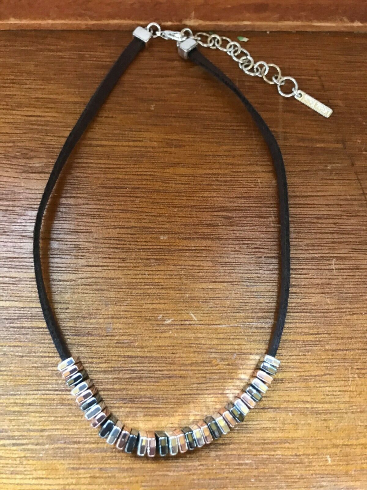 Estate Nine West Dark Brown Leather Cord w Tricolor Metal Rectangle Slide Beads  - $12.19