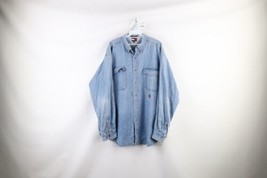 Vintage 90s Tommy Hilfiger Mens XL Distressed Heavyweight Denim Button Shirt - £39.38 GBP