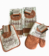 Thanksgiving Dish Towels Pot Holder Oven Mitt Set of 4 Pumpkins Give Thanks - $24.38