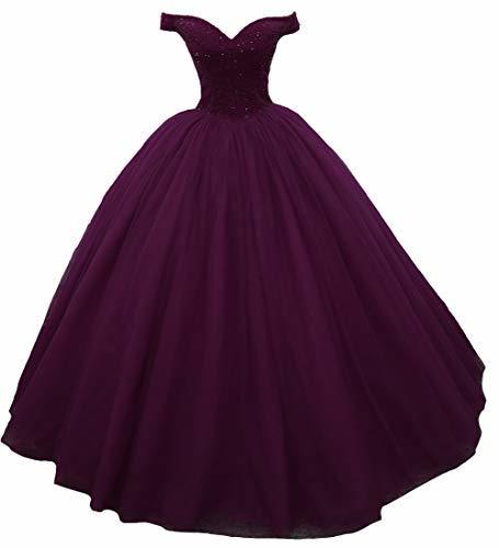 Plus Size Off The Shoulder Beaded Ball Gown Prom Evening Dress Dark Plum US 20W