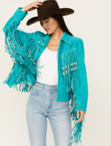 Exclusive Western Hippie Cowgirl Turquoise Suede Leather Handmade Fringe Jacket - £59.20 GBP+
