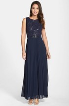 Patra Embellished Metallic Lace Pleated Gown Sz 6 Navy - £77.44 GBP