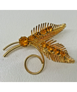 Vintage Gold Color 2&quot; Palm Leaf Brooch with Yellow Stones, Lapel Hat Sca... - $17.72 CAD