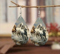 Horses Running White Double Side Acrylic Teardrop Dangle Earrings - New ... - $12.86