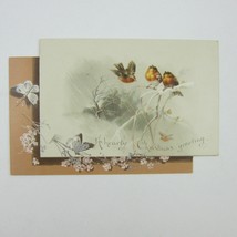 Victorian Christmas Card Birds on White Tree Branch Butterfly Flowers Antique - £7.81 GBP